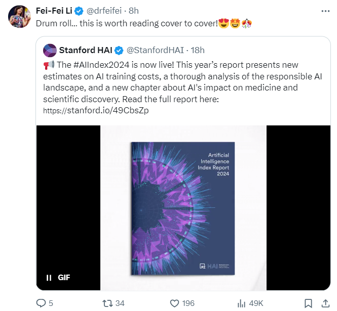 揭示AI行业十大主要趋势！李飞飞团队发布《2024年人工智能指数报告(图1)