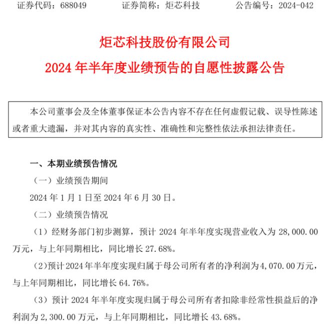 炬芯科技2024年上半年预计净利4070万同比增加65%AI处理器芯片持续放量(图1)